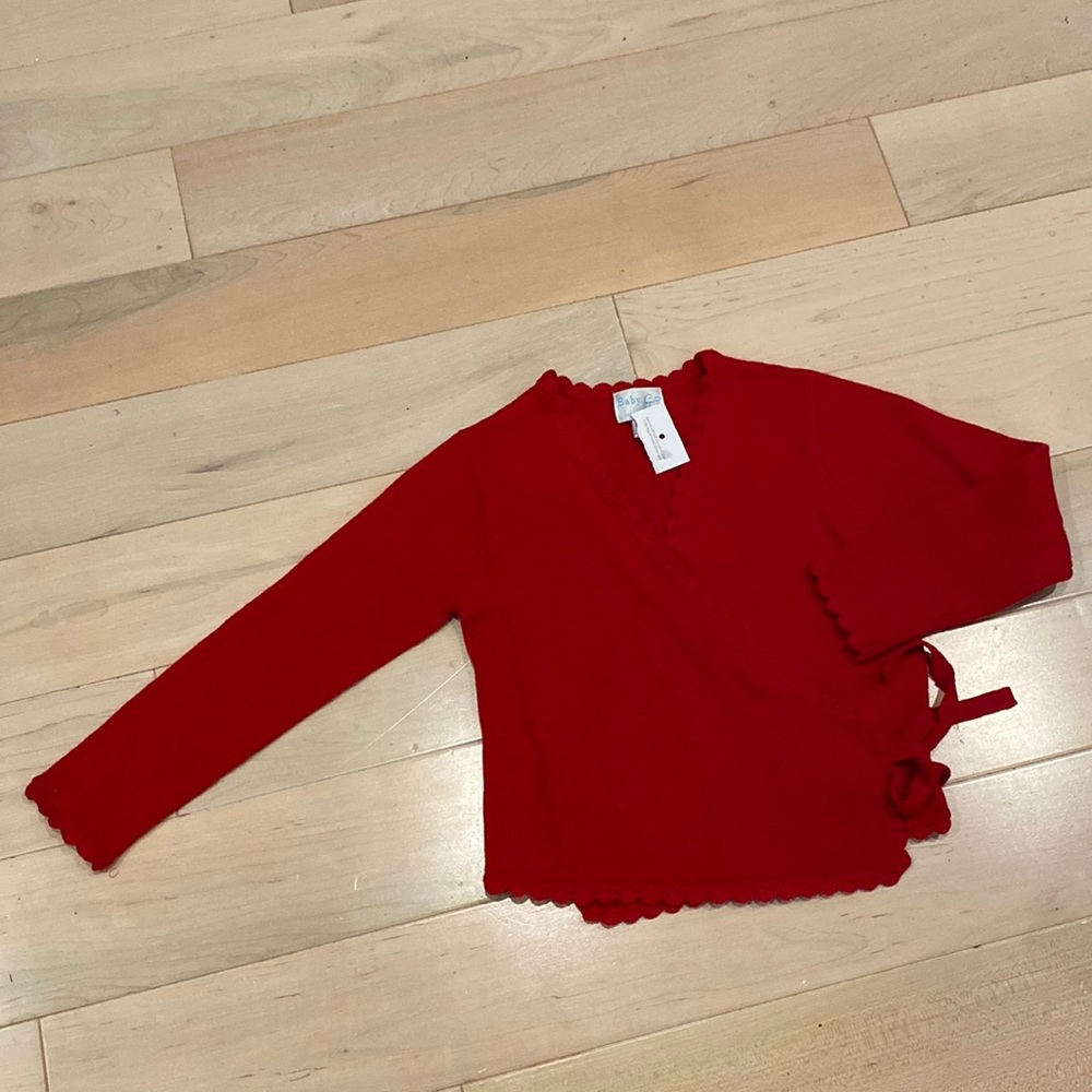 Baby CZ Carolina Zara red scalloped trim girls pure cashmere wrap cardigan